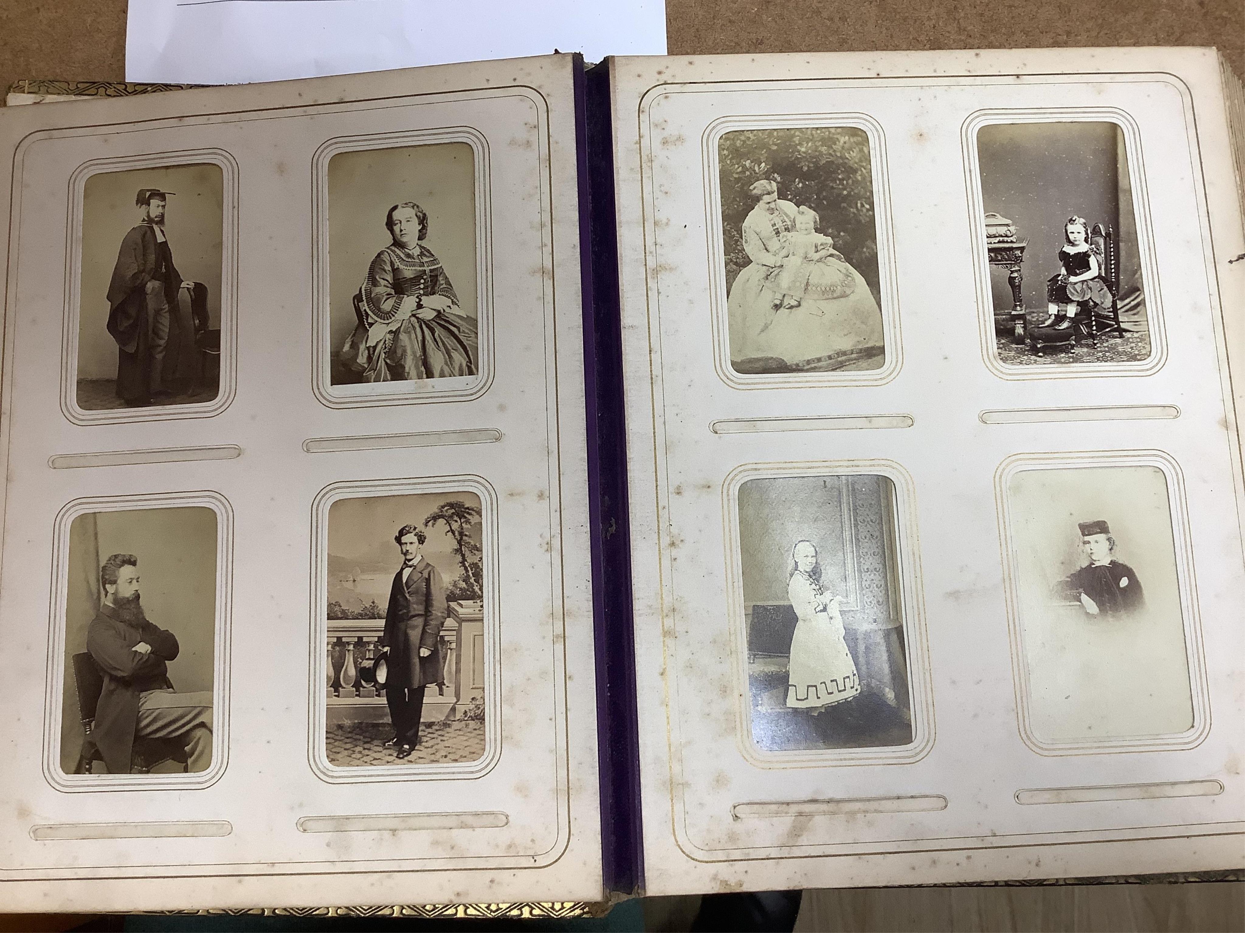 A Victorian malachite mounted amboyna family photograph album, 23cm x 30cm